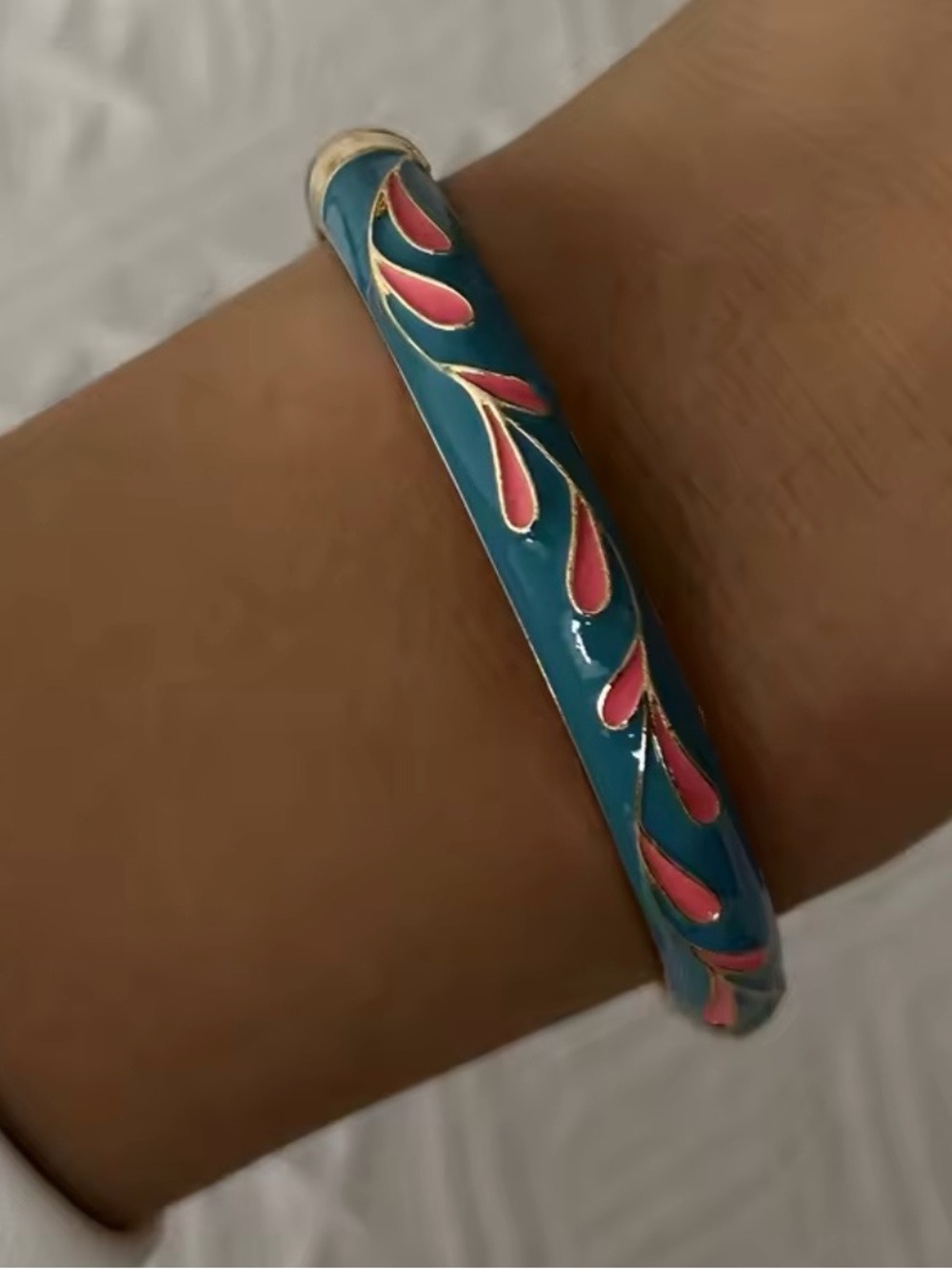 Nordstrom Teal Enamel Bangle with Pink Leaf Accents